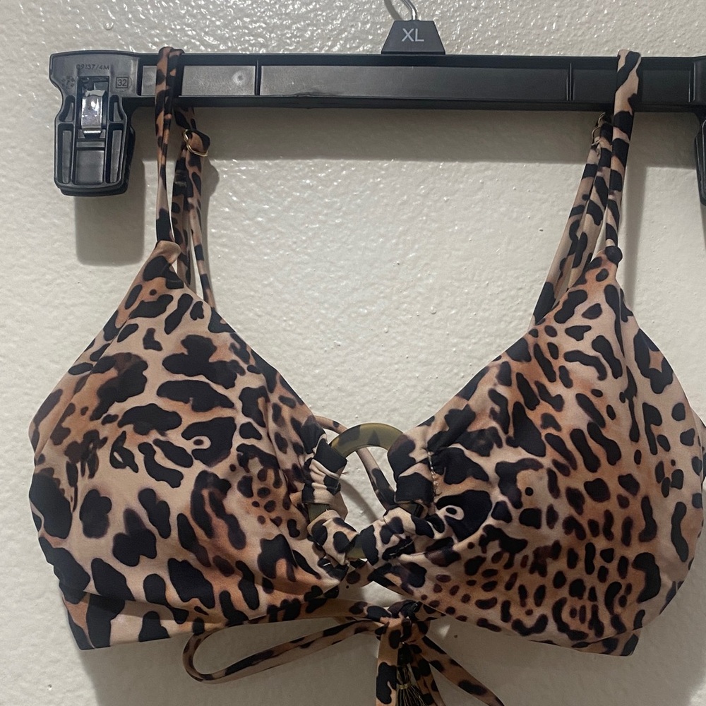 LETARTE Leopard Print Tie-Front Bralette Swim Top - Brown. Size M